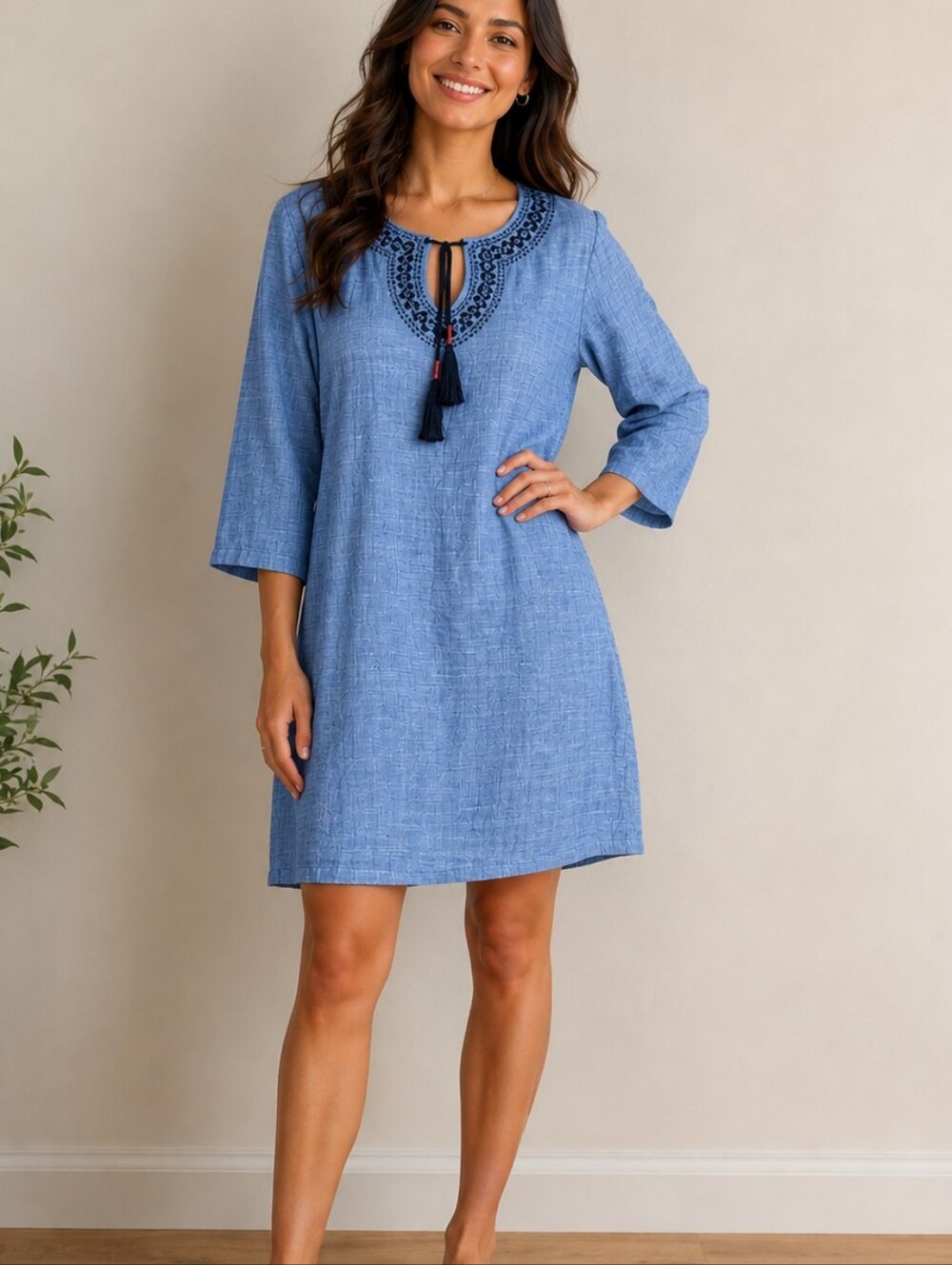 Hatley Light Blue Embroidered Tunic Dress with Tassel Tie Size S Organic Cotton